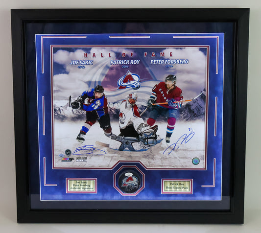 Joe Sakic & Peter Forsberg Autographed 16x20 Limited 74/333 with Patrick Roy Autographed Hockey Puck (JSA COA) Lighted Shadow Box