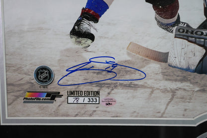 Joe Sakic & Peter Forsberg Autographed 16x20 with Patrick Roy Autographed Hockey Puck (JSA COA)
