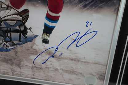 Joe Sakic & Peter Forsberg Autographed 16x20 with Patrick Roy Autographed Hockey Puck (JSA COA)