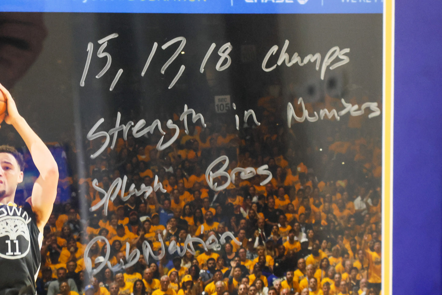 Klay Thompson Autographed Golden State Warriors 16X20 Photo “15,17,18 Champs Strength in Numbers Splash Bros Dub Nation”