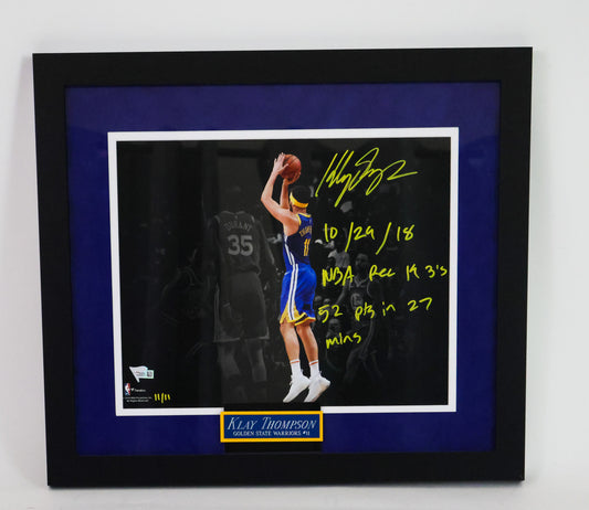 Klay Thompson Autographed Golden State Warriors 11X14 Photo "10/29/18 NBA Rec 19 3’s 52 PTS in 27 mins” Inscription