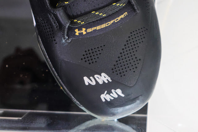 Stephen Curry Autographed Golden State Warriors Underarmor Shoes "NBA MVP" Inscription w/ case