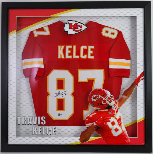 Travis Kelce Autographed Kansas City Chiefs Shadow Box Framed Jersey