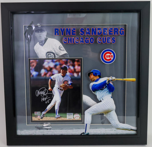 Ryne Sandberg Autographed Chicago Cubs 8X10 Photo Shadow Box Frame "HOF 05" Inscription