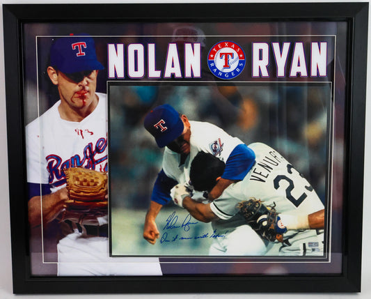 Nolan Ryan Autographed Texas Rangers 16X20 Photo "Don't mess with Texas" Inscription Shadow Box Framed
