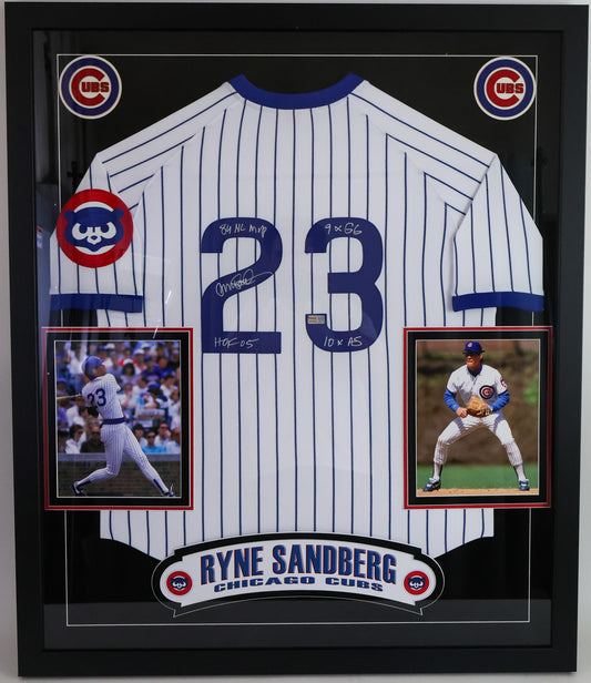 Ryne Sandberg Autographed Chicago Cubs Deluxe Framed Jersey "8X NL MVP" "HOF 05" "9XGG" "10XAS" Inscription