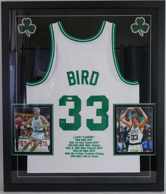 Larry Bird Autographed Boston Celtics Jersey Deluxe Frame Including Career Accolades Stitched