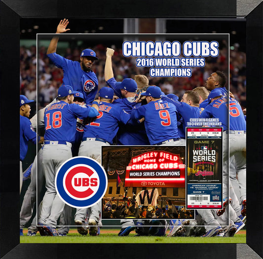 Chicago Cubs photo collage with 3D framing and replica ticket
