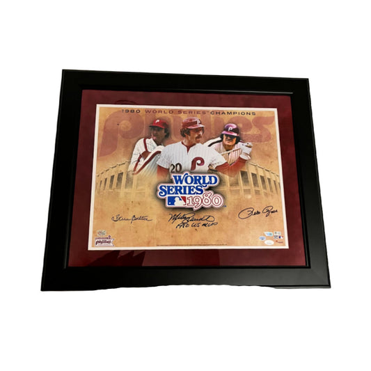 1980 WS Philadelphia Phillies Autographed 16"x20" Framed Photo signed by  Pete Rose, Mike Schmidt, Steve Carlton - Latitude Sports Marketing
