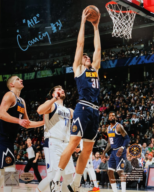 Vlatko Cančar Autographed Denver Nuggets 8x10 Dunk Action Shot vs Dallas with "Air" Inscription. - Latitude Sports Marketing