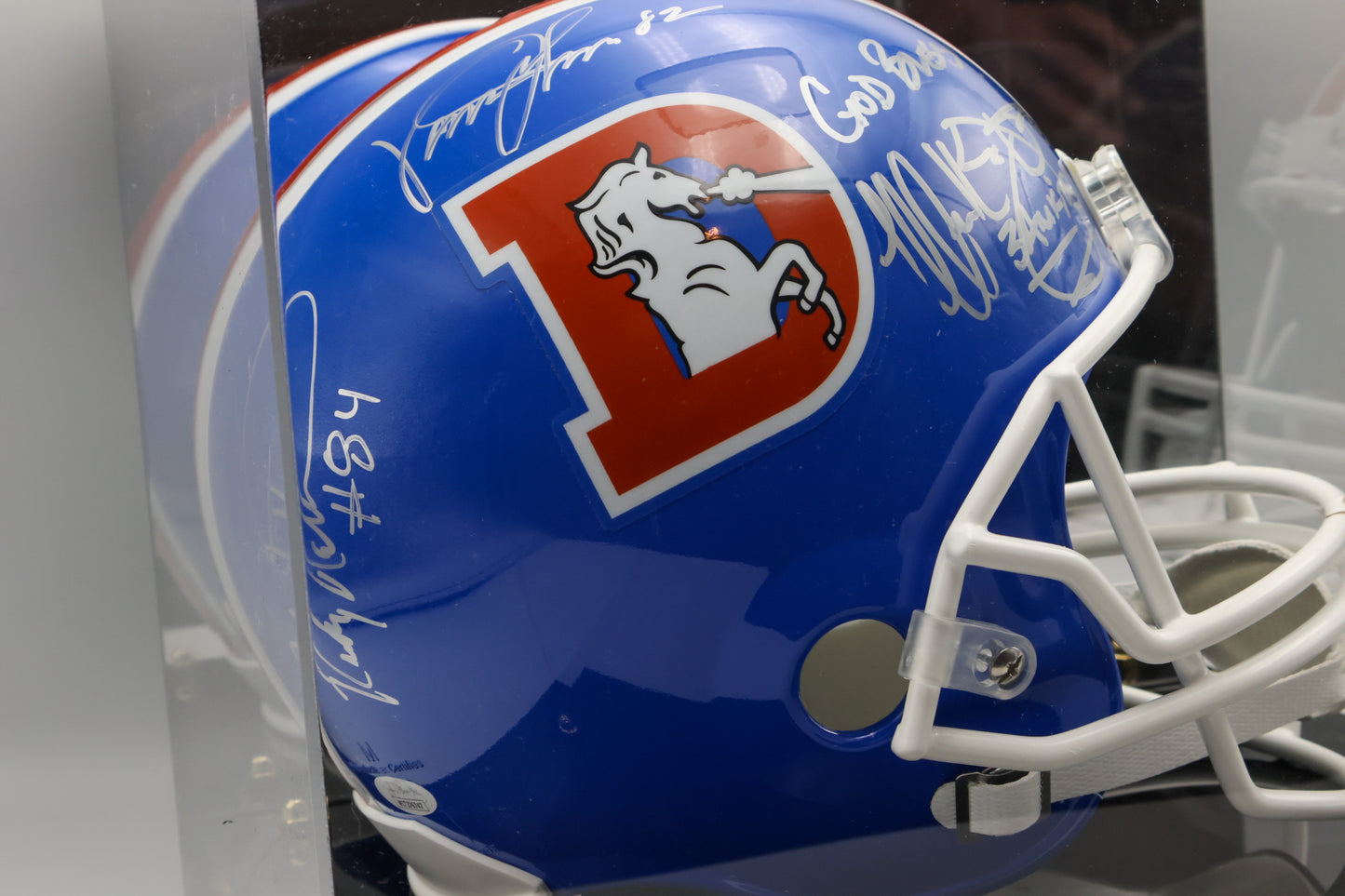 Three Amigos Denver Broncos Autographed Replica Helmet With Display Case