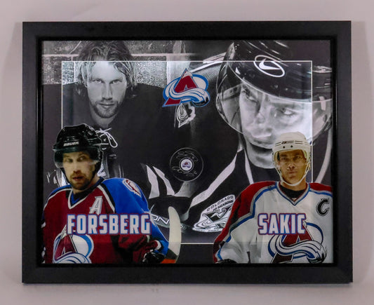 Peter Forsberg  & Joe Sakic  autographed Avalanche puck with deluxe 3D frame with LED lighting