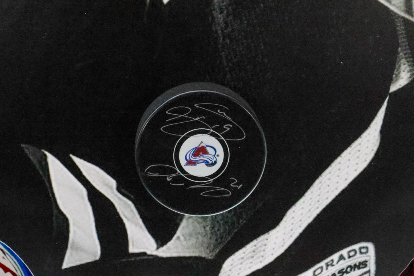 Peter Forsberg  & Joe Sakic  autographed Avalanche puck with deluxe 3D frame with LED lighting