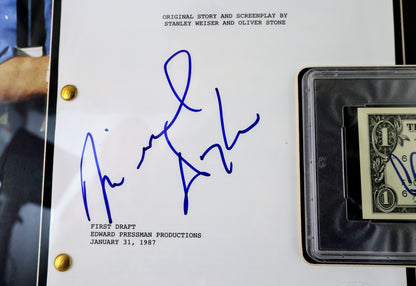 "Wall Street" Framed Signed Screenplay & Dollar Bill - Michael Douglas & Charlie Sheen Autographs