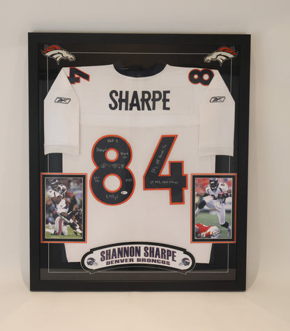 Shannon Sharpe Autographed Denver Broncos Deluxe Framed Jersey eight inscriptions