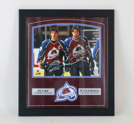 Joe Sakic and Peter Forsberg Dual signed and inscribed 11x14 photo with deluxe frame JSA COA