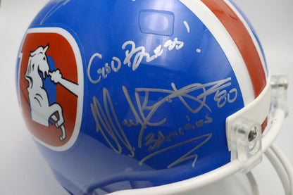 Three Amigos Denver Broncos Replica Helmet signed by Mark Jackson, Vance Johnson and Ricky Nattiel