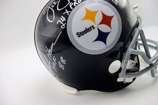 Pittsburg Steelers Autographed Andy Russel, Jack Lambert, Jack Ham Steel Curtain Replica Helmet