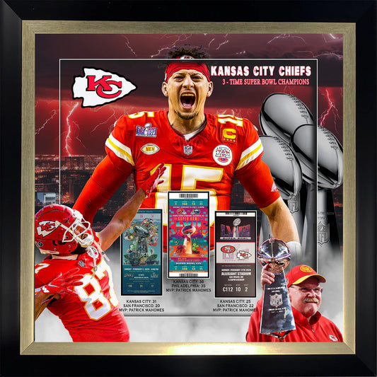 Kansas City Chiefs photo collage with replica tickets framed