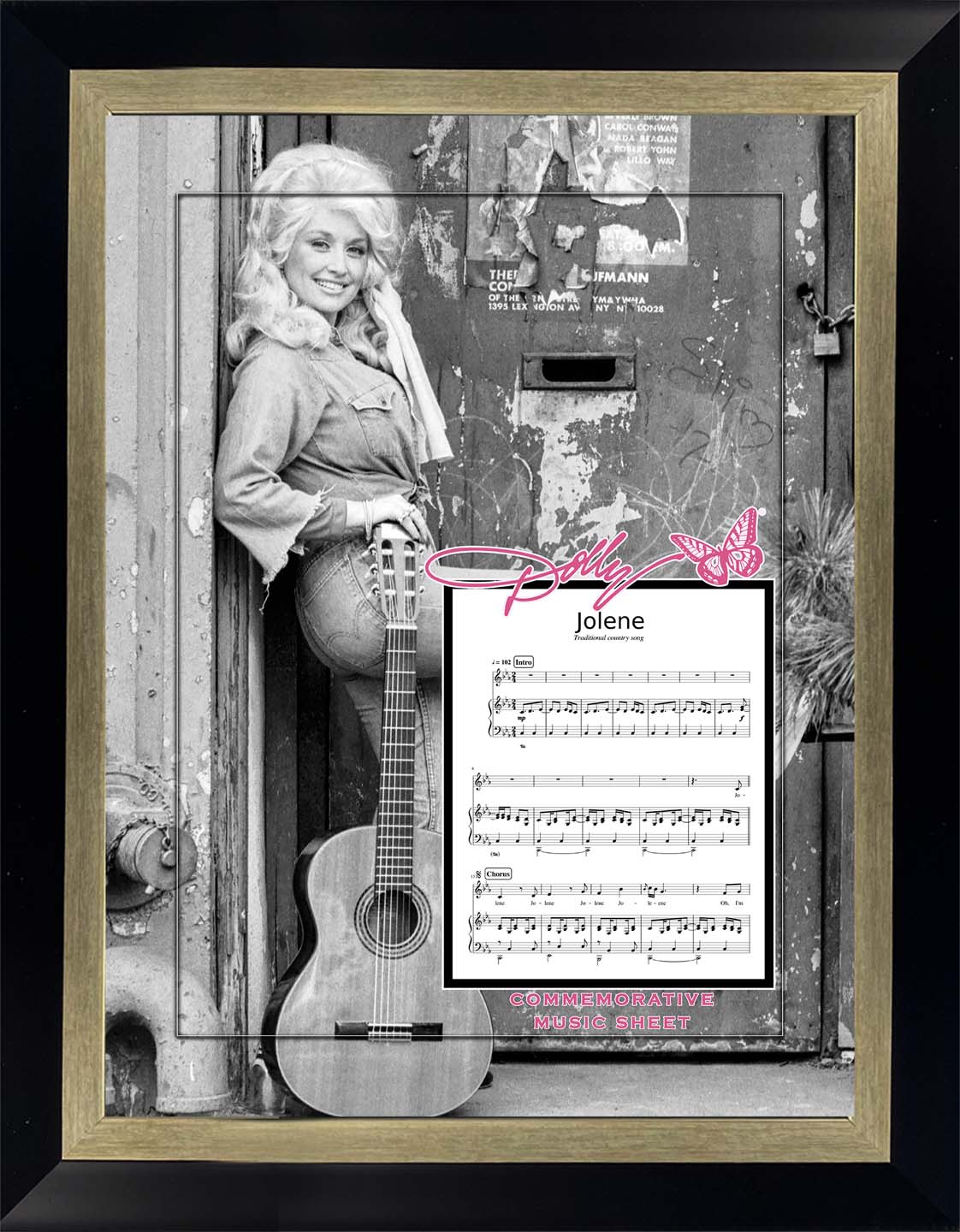 Dolly Parton photo with replica commemorative sheet music and 3D frame
