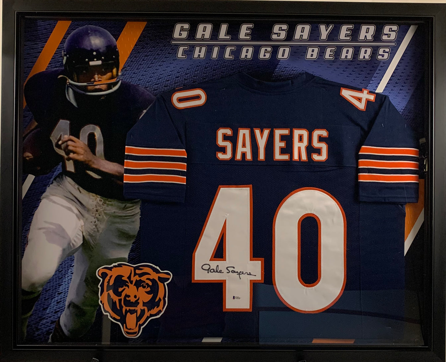Gale Sayers Chicago Bears Autographed Home Blue Jersey Custom Frame