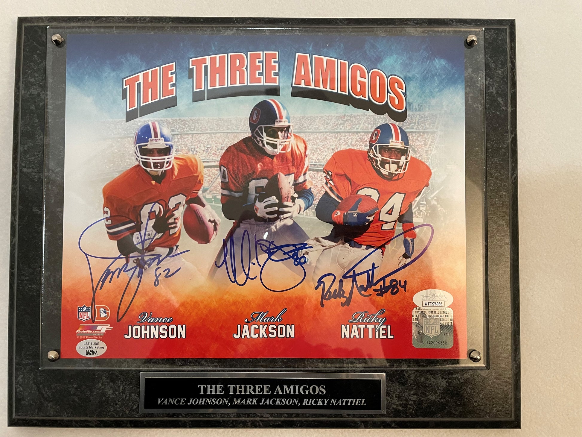 Three Amigos Denver Broncos Autographed 8"x10" Photo Plaque - Latitude Sports Marketing