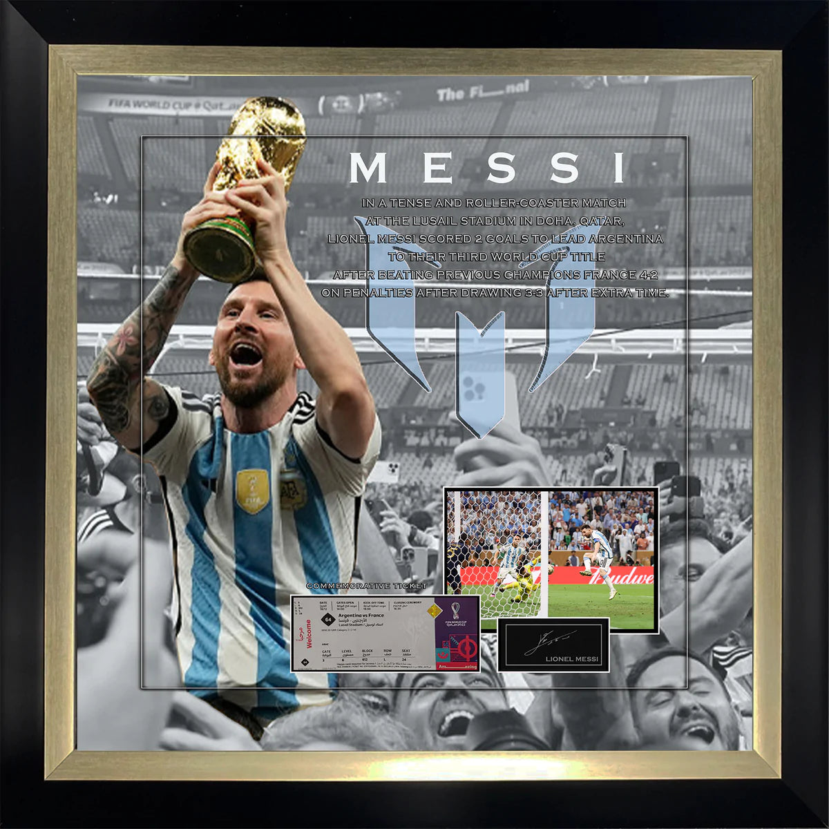 Lionel Messi World Cup Ticket Laser Engraved Signature Framed Artwork - Latitude Sports Marketing